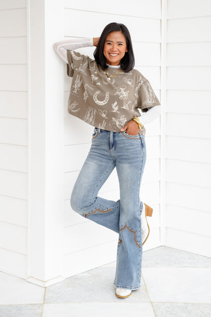 Western Print Short Sleeve Round Neck Tee Shirt