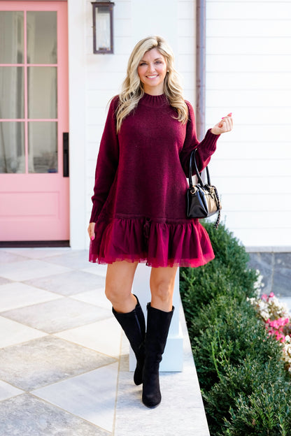 Knit Long Sleeve Tulle Skirt Mini Dress