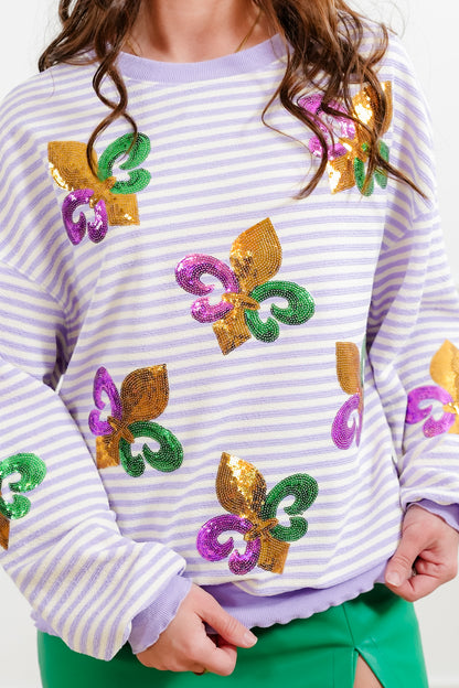 Plus/Reg Stripe Long Sleeve Pullover Top with Sequin Fleur De Lis Patch Detail