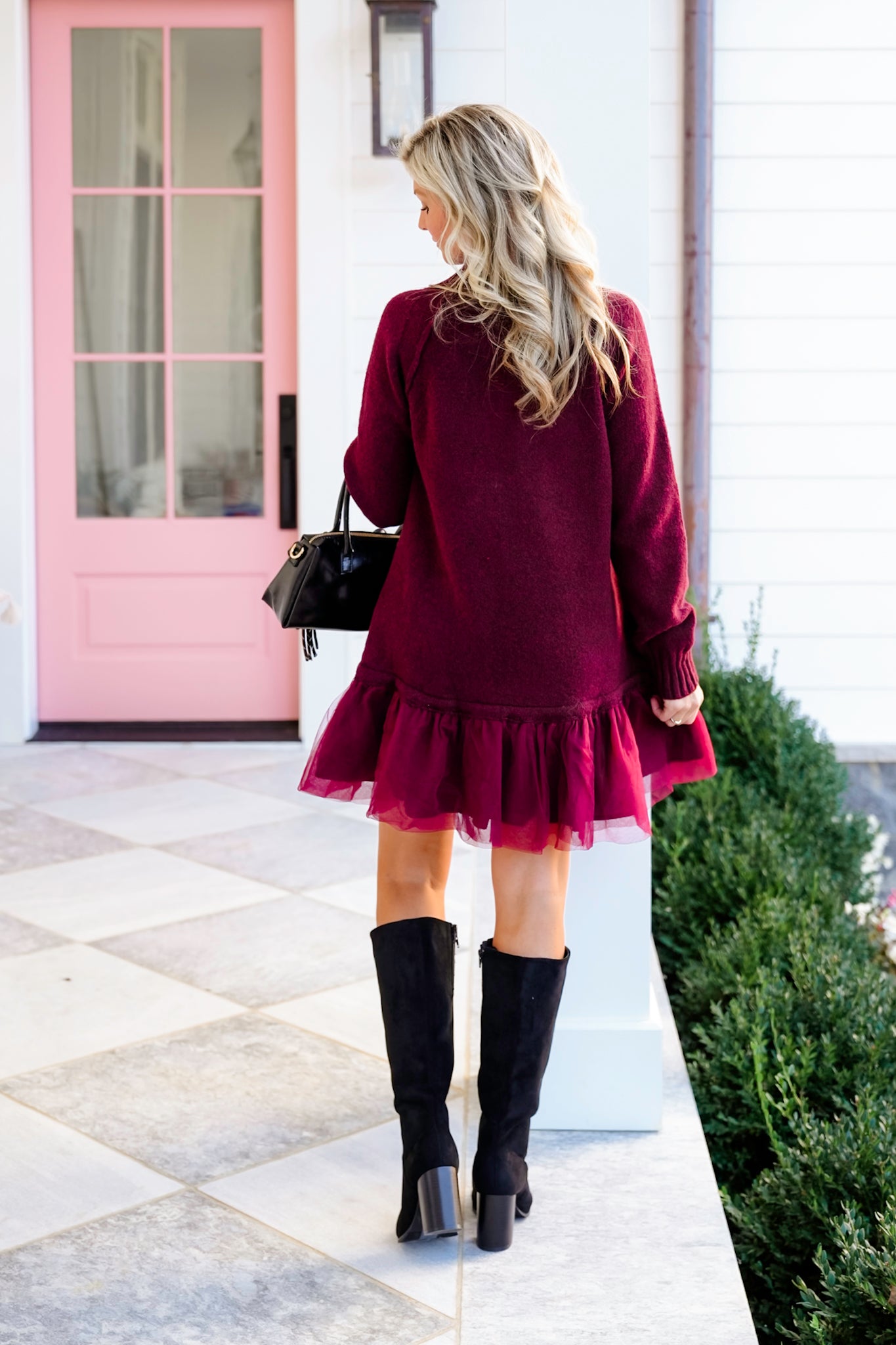 Knit Long Sleeve Tulle Skirt Mini Dress