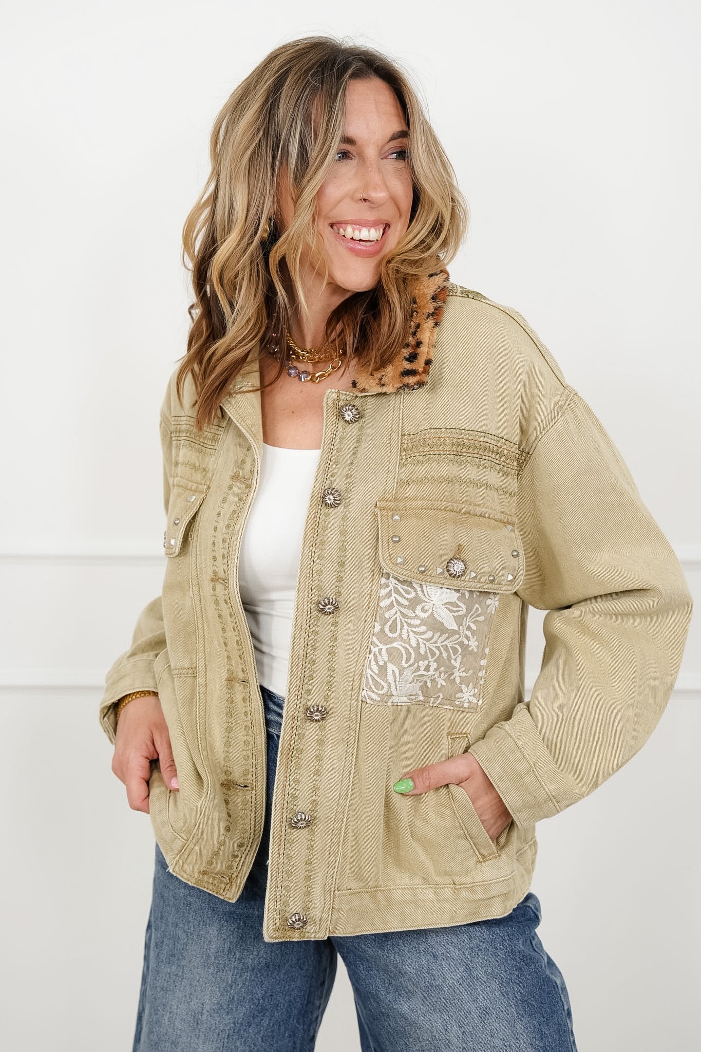 POL Long Sleeve Jacket with Leopard Collar