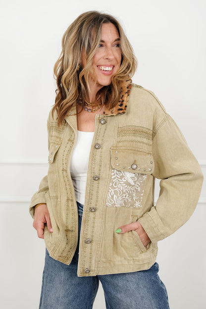 POL Long Sleeve Jacket with Leopard Collar