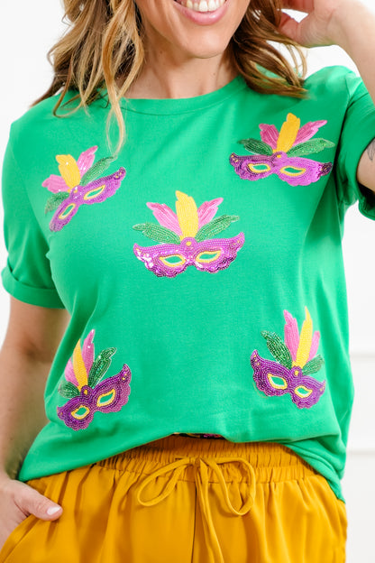 Plus/Reg Sequin Mardi Gras Mask Short Sleeve Tee