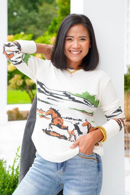 Horse Print Long Sleeve Crew Neck Thermal Top