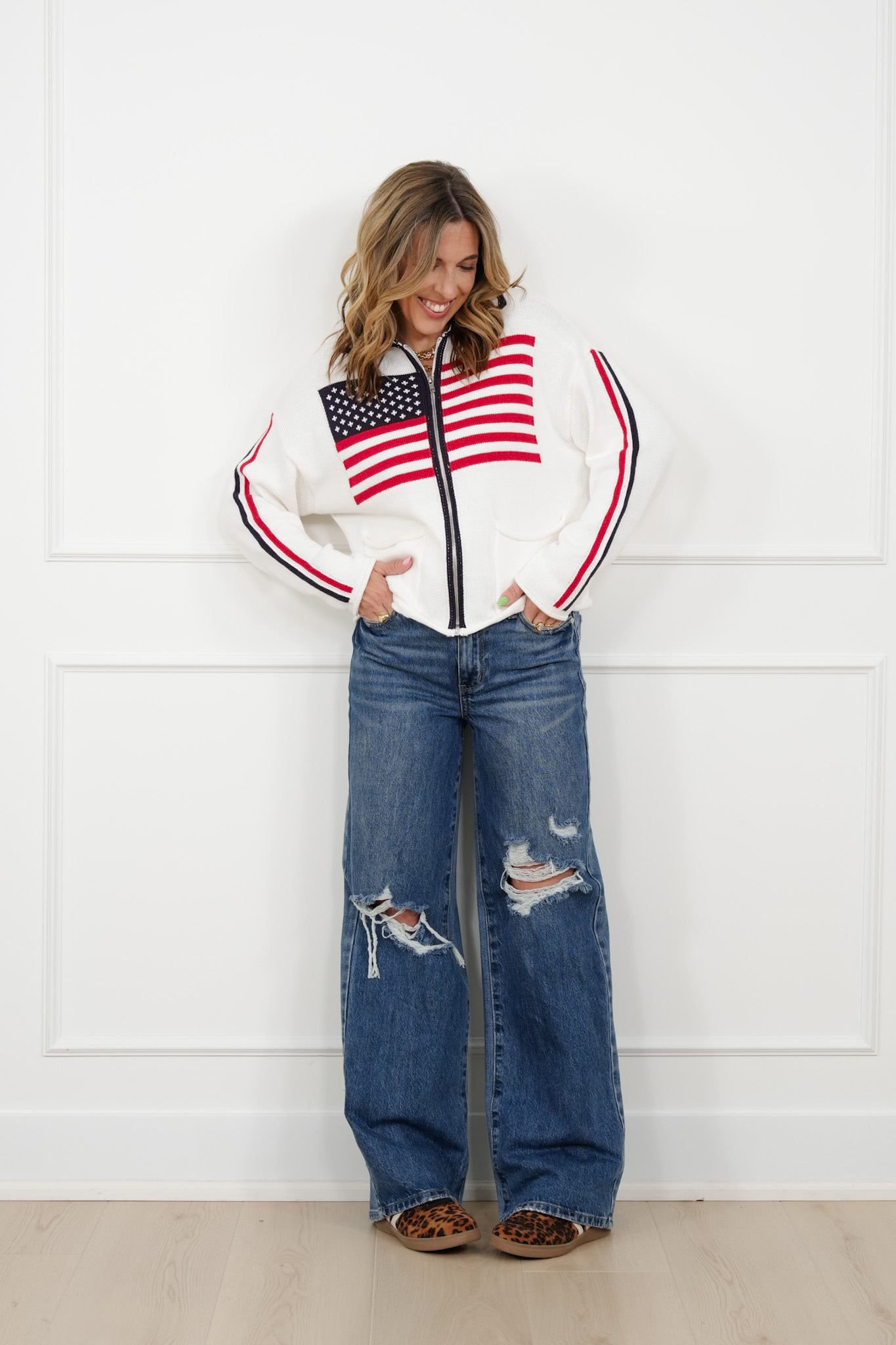 Long Sleeve American Flag Zip-Up Sweater Jacket
