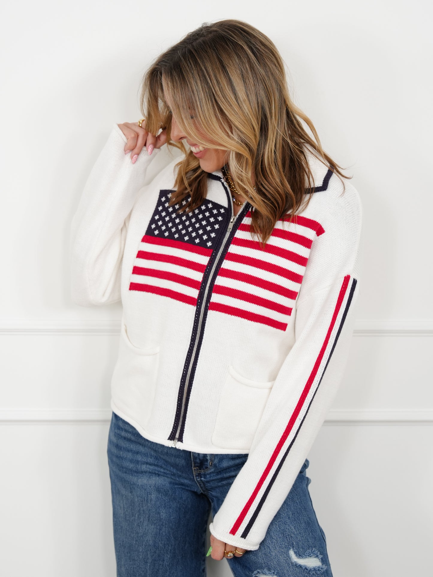 Long Sleeve American Flag Zip-Up Sweater Jacket