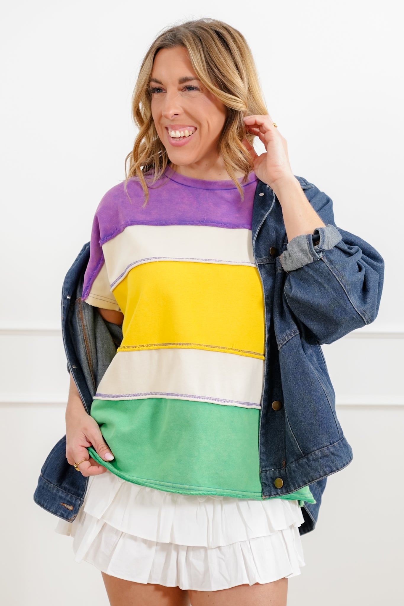 Mardi Gras Mineral Wash Color Block Short Sleeve Top