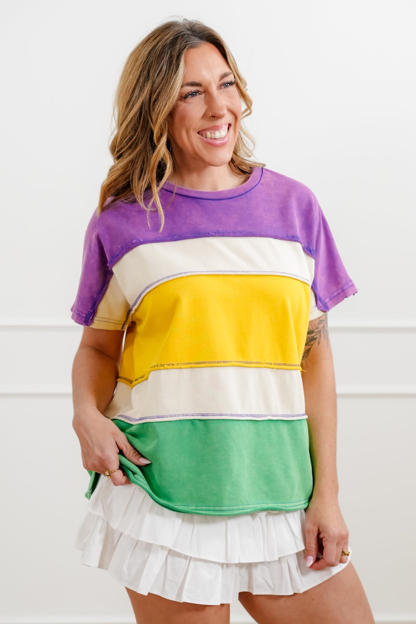 Mardi Gras Mineral Wash Color Block Short Sleeve Top