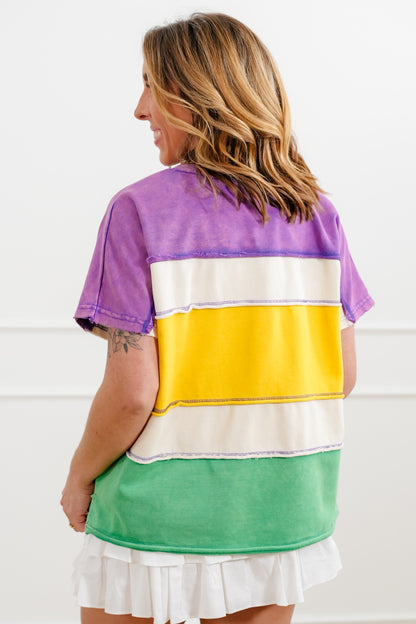 Mardi Gras Mineral Wash Color Block Short Sleeve Top