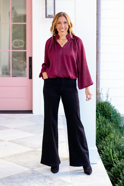 Burgundy Long Balloon Sleeve V Neck Top