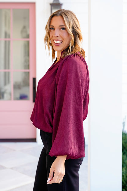 Burgundy Long Balloon Sleeve V Neck Top