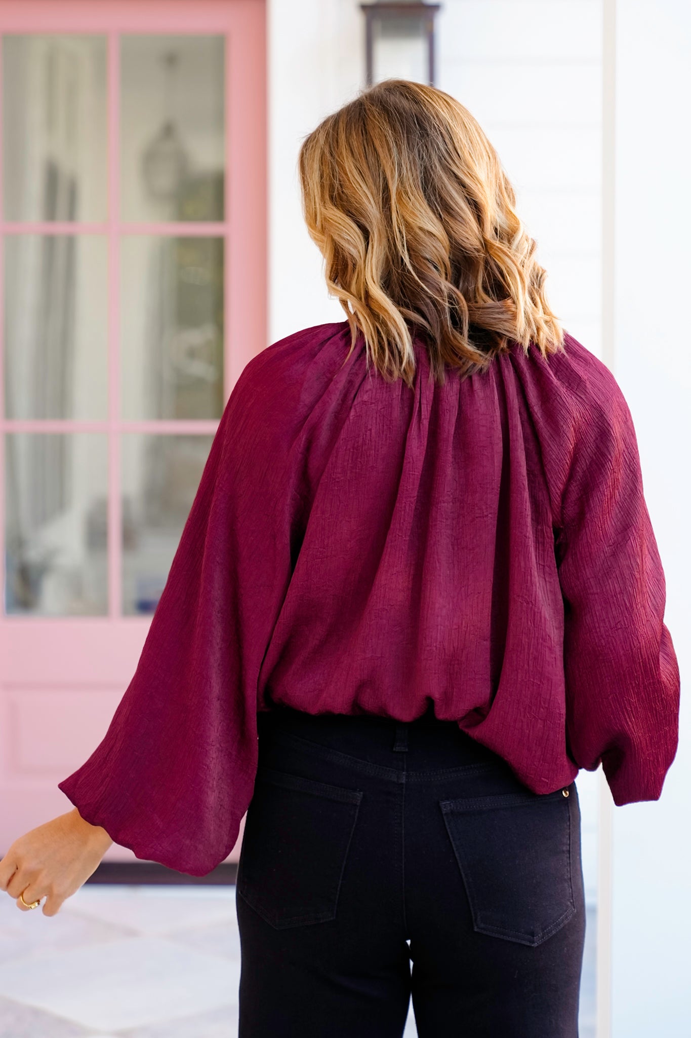 Burgundy Long Balloon Sleeve V Neck Top