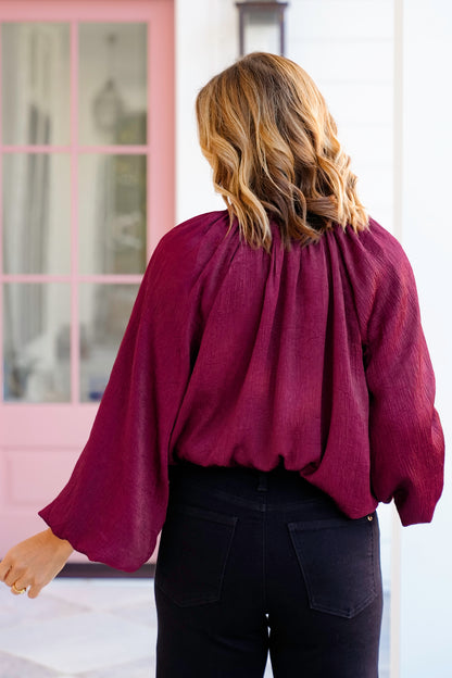 Burgundy Long Balloon Sleeve V Neck Top