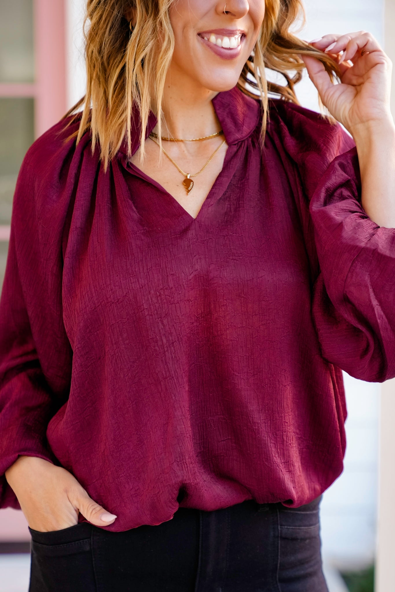 Burgundy Long Balloon Sleeve V Neck Top