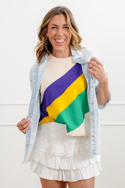 Mardi Gras Color Block Short Sleeve Top