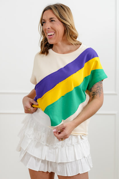 Mardi Gras Color Block Short Sleeve Top