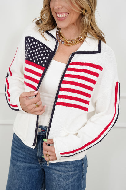 Long Sleeve American Flag Zip-Up Sweater Jacket