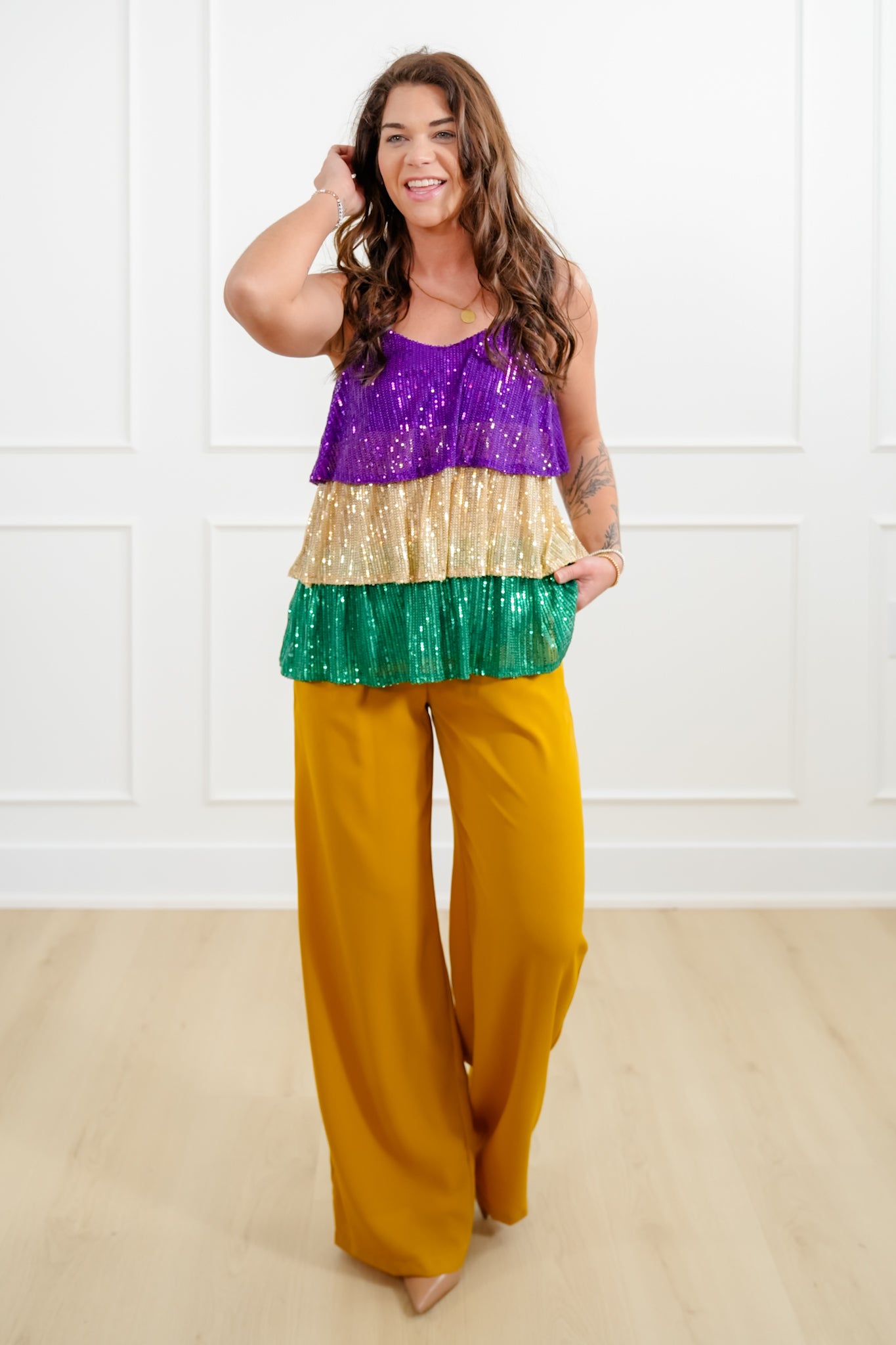 Mardi Gras Sleeveless Tiered Sequin Top