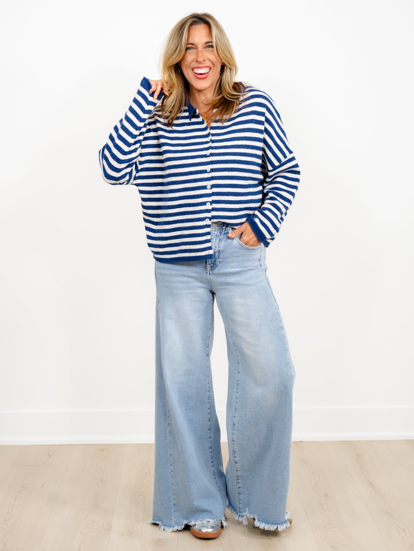 Door Buster! Zenana Striped Collared Button Down Sweater