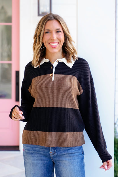 Plus/Reg Ribbed Color Block Long Sleeve Button Up Sweater