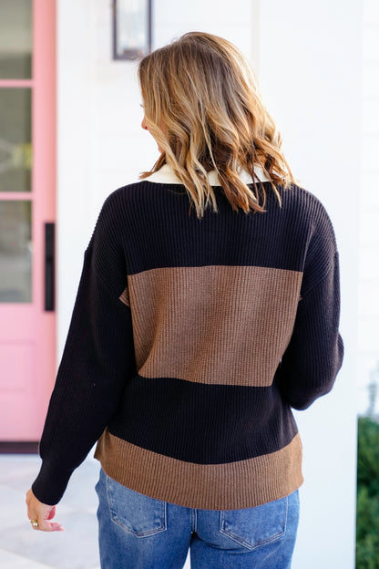 Plus/Reg Ribbed Color Block Long Sleeve Button Up Sweater