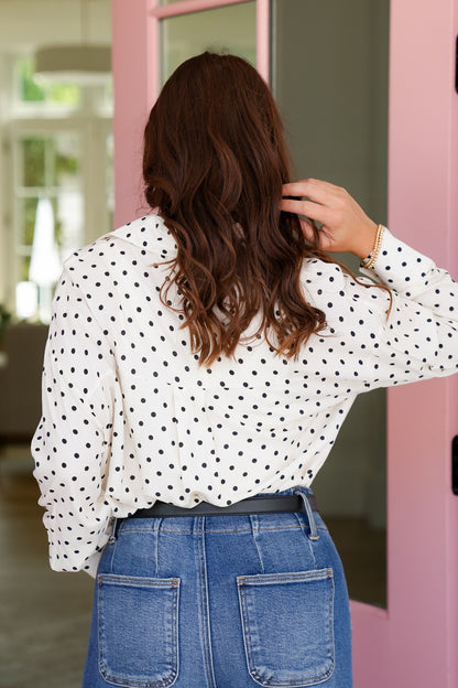 Plus/Reg Polka Dot Long Sleeve Button Down Top