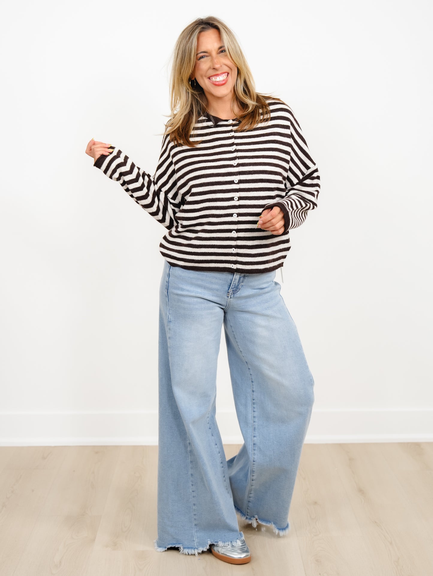 Door Buster! Zenana Striped Collared Button Down Sweater