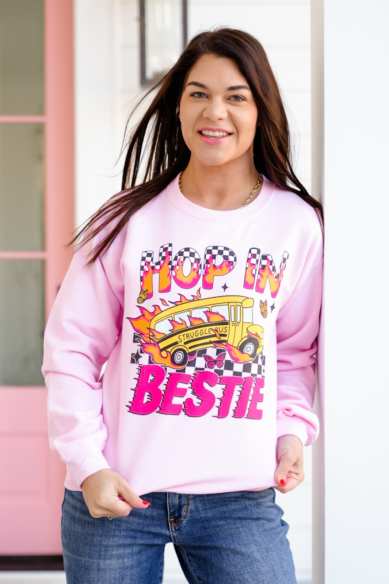 Plus/Reg Long Sleeve "Hop In Bestie" Graphic Sweatshirt