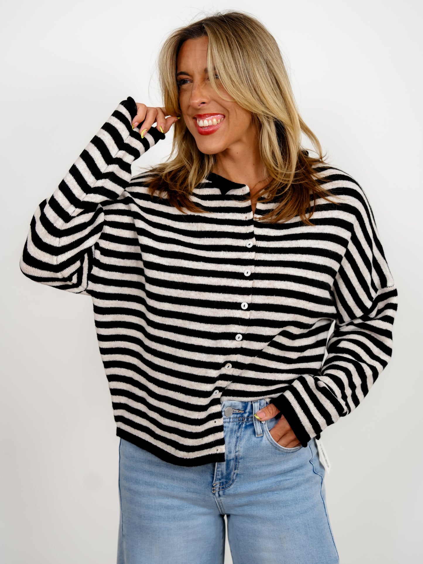 Door Buster! Zenana Striped Collared Button Down Sweater