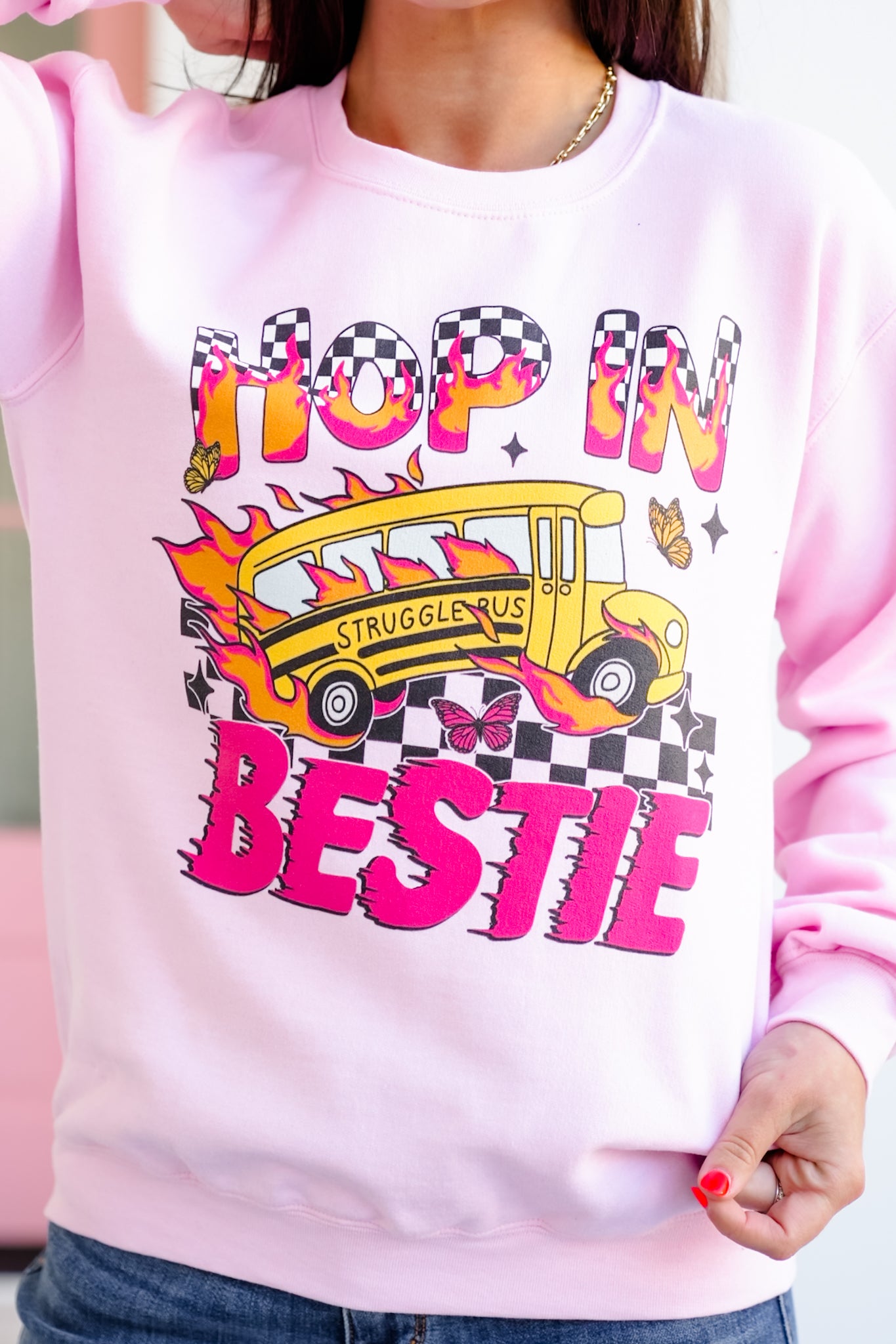 Plus/Reg Long Sleeve "Hop In Bestie" Graphic Sweatshirt