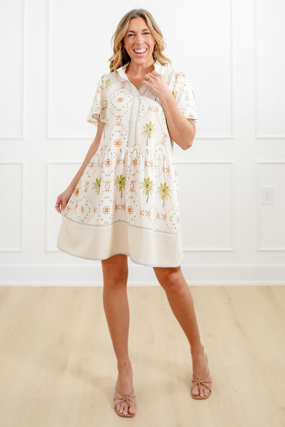 Plus/Reg Short Sleeve Tropical Print Mini Dress