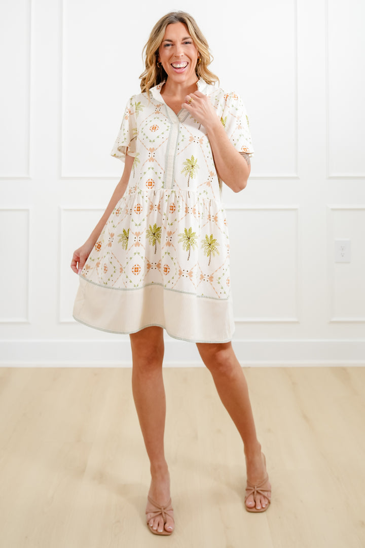 Plus/Reg Short Sleeve Tropical Print Mini Dress