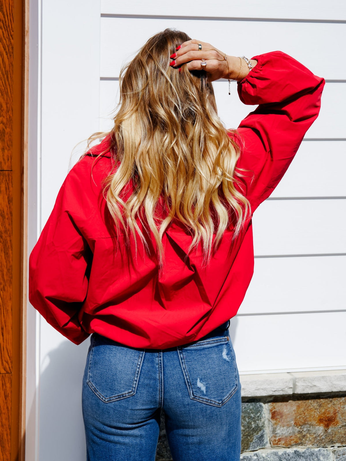 Red Long Sleeve Snap/Zip Up Bubble Hem Jacket - Freckled Poppy