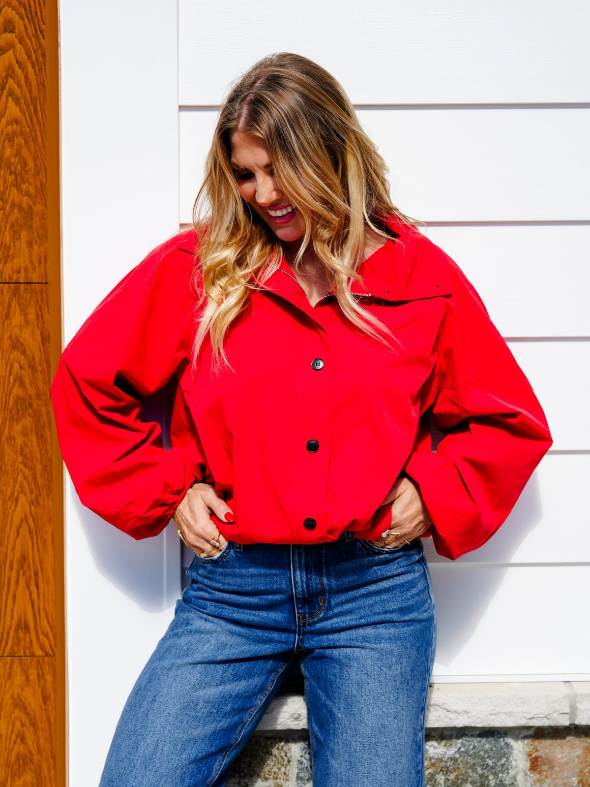 Red Long Sleeve Snap/Zip Up Bubble Hem Jacket - Freckled Poppy