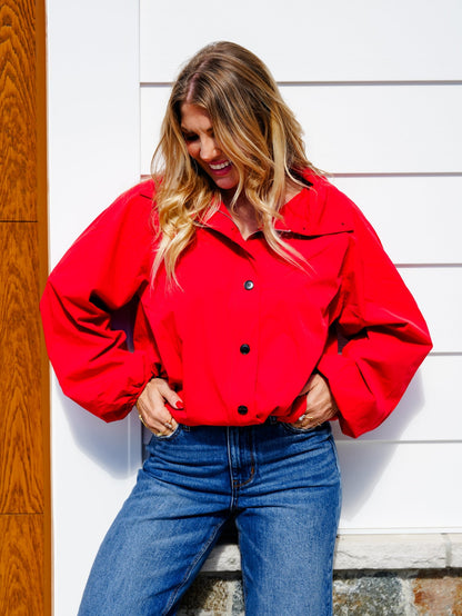 Red Long Sleeve Snap/Zip Up Bubble Hem Jacket - Freckled Poppy