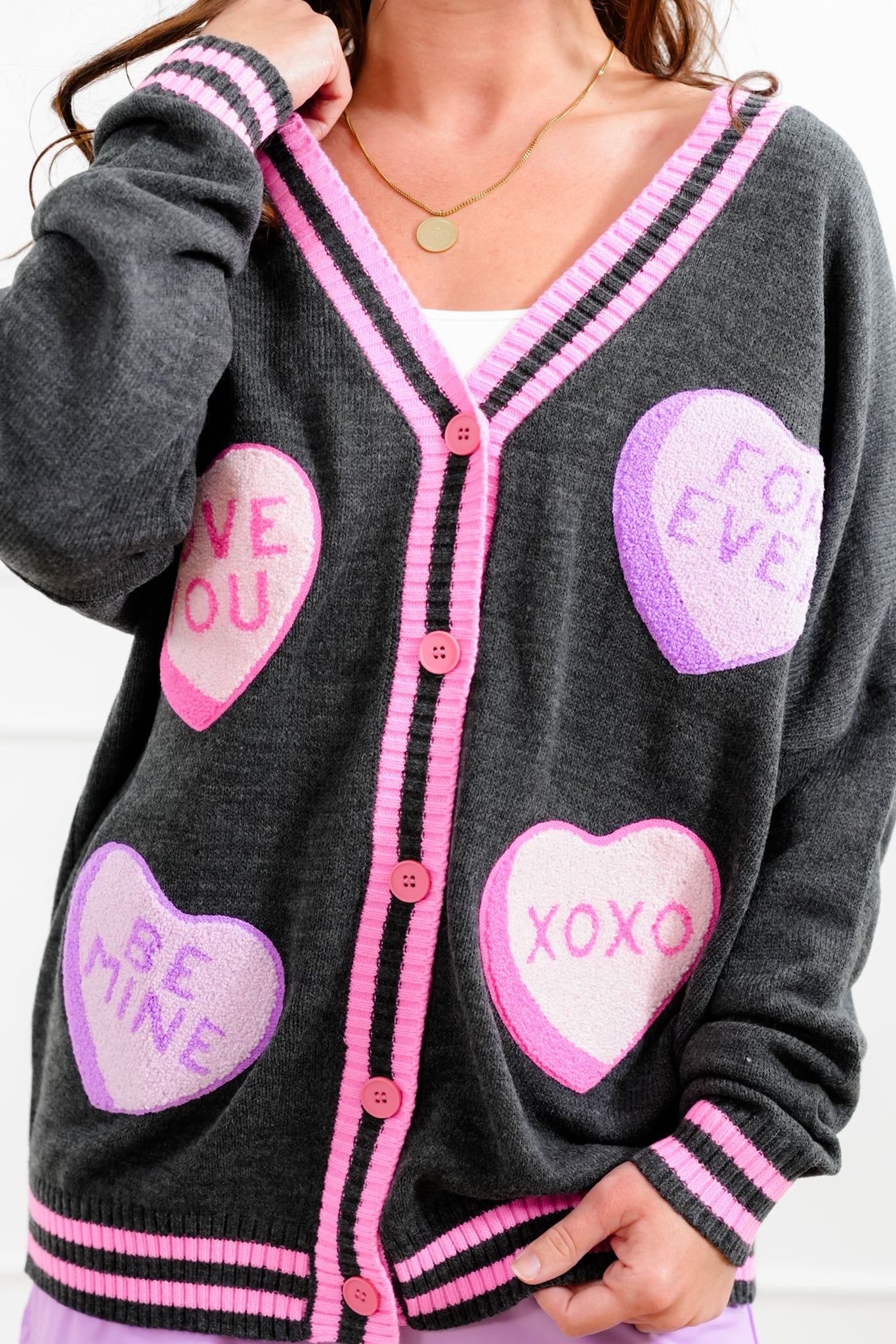 Plus/Reg Candy Heart Patch Long Sleeve Button Down Cardigan
