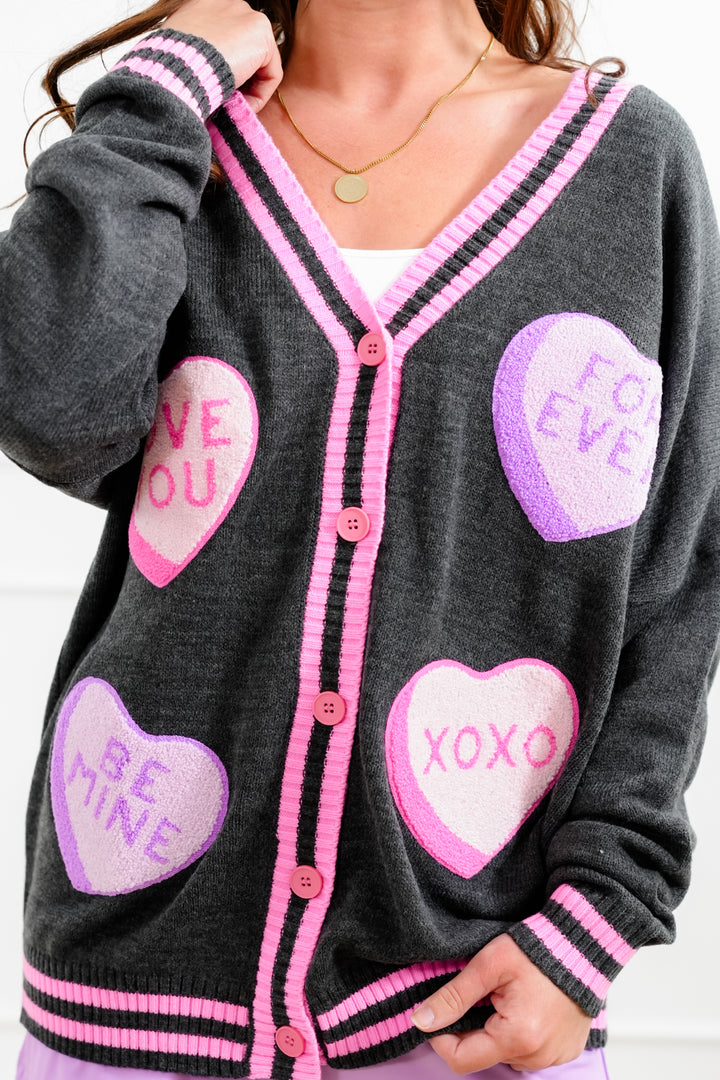 Plus/Reg Candy Heart Patch Long Sleeve Button Down Cardigan