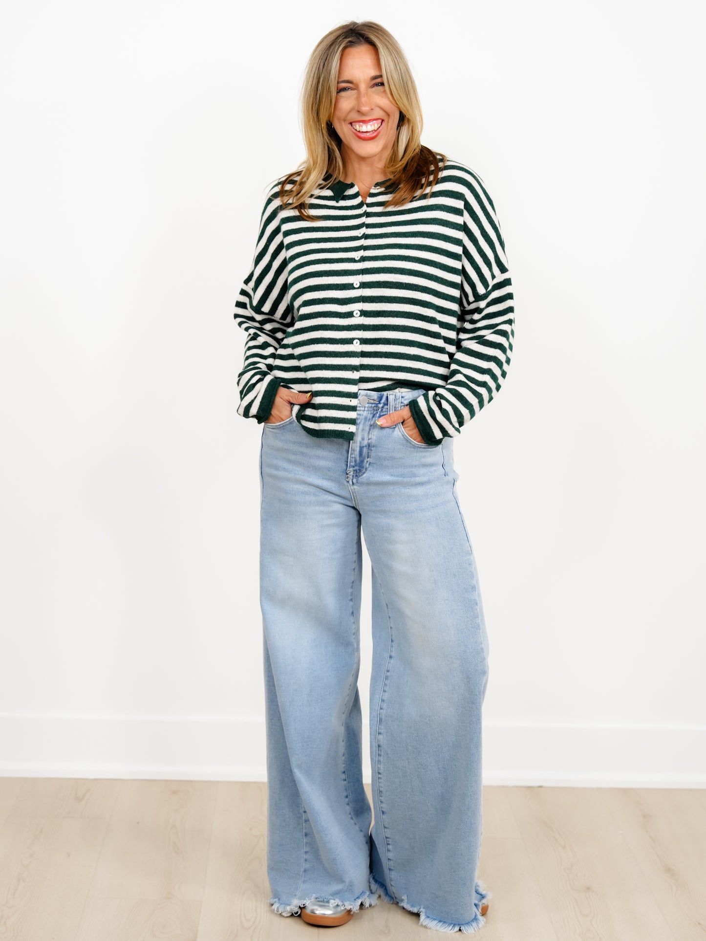 Door Buster! Zenana Striped Collared Button Down Sweater