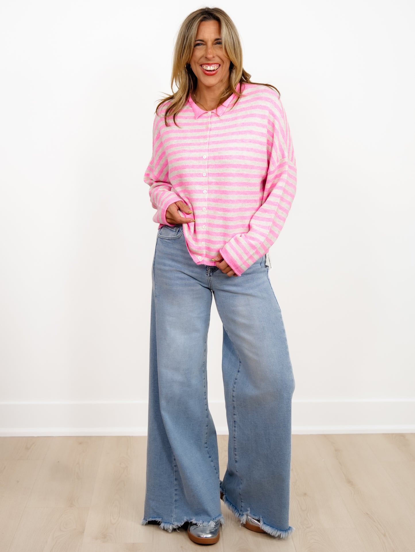 Door Buster! Zenana Striped Collared Button Down Sweater