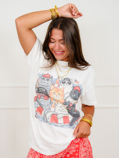 Plus/Reg Short Sleeve American Cats Graphic Tee