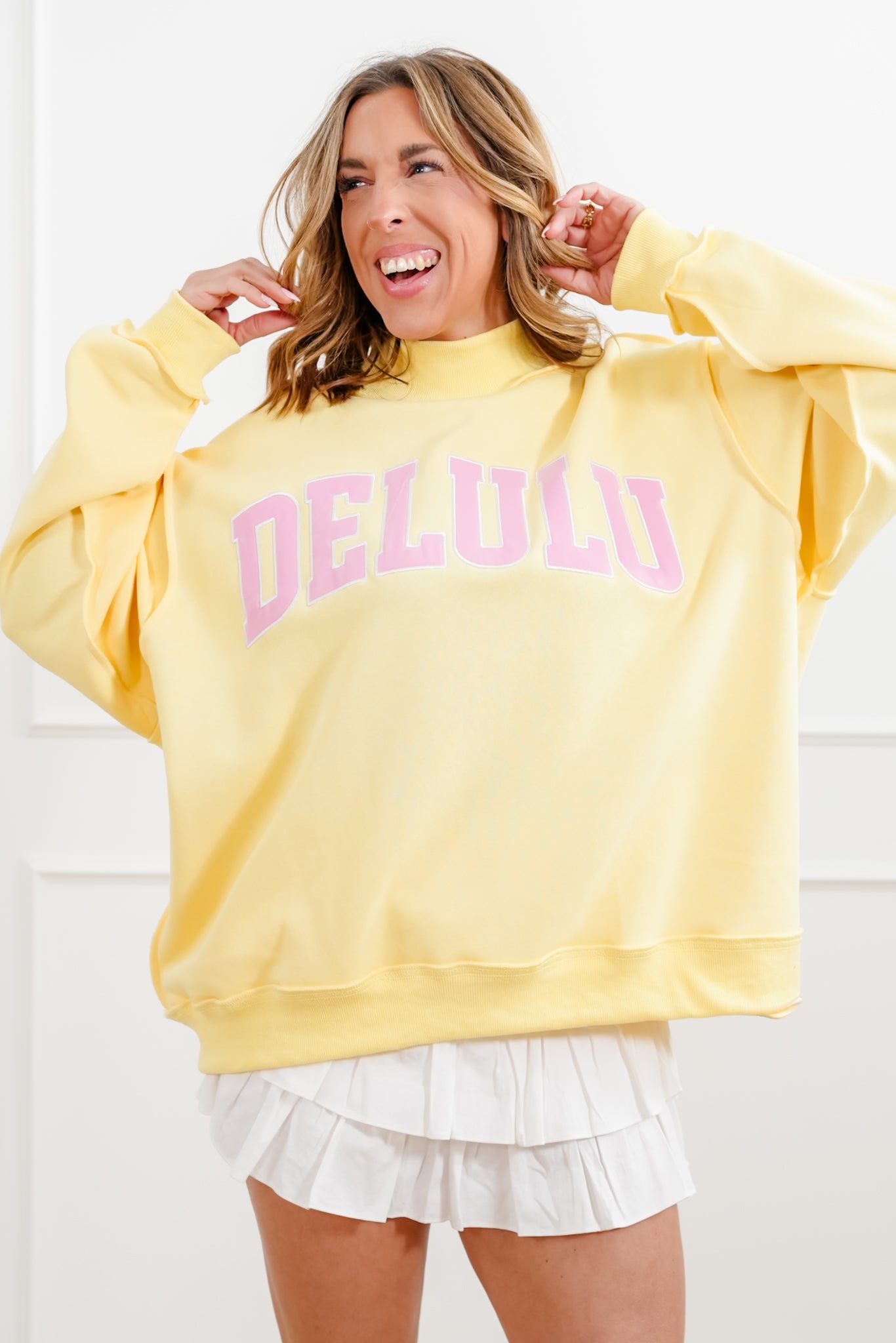 Long Sleeve Embroidered "DELULU" Pullover Sweatshirt