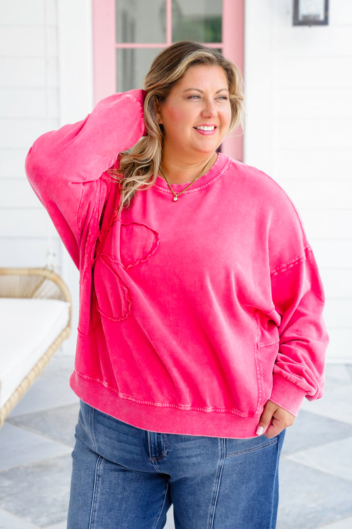 Mineral Wash Long Sleeve Pullover Sweatshirt with Flower Patch Detail