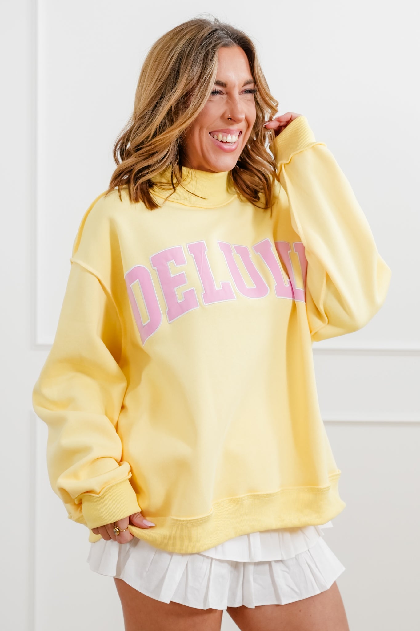 Long Sleeve Embroidered "DELULU" Pullover Sweatshirt