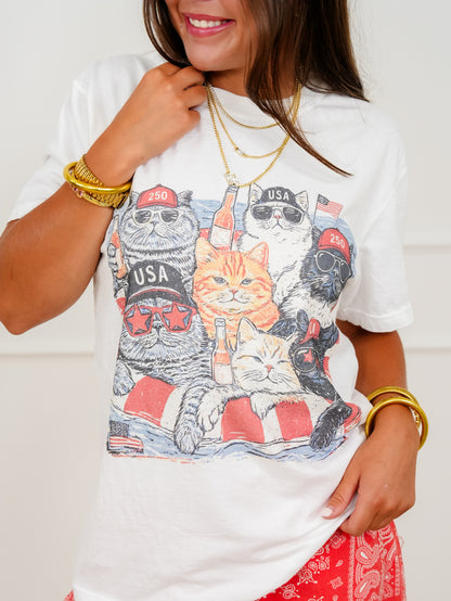 Plus/Reg Short Sleeve American Cats Graphic Tee
