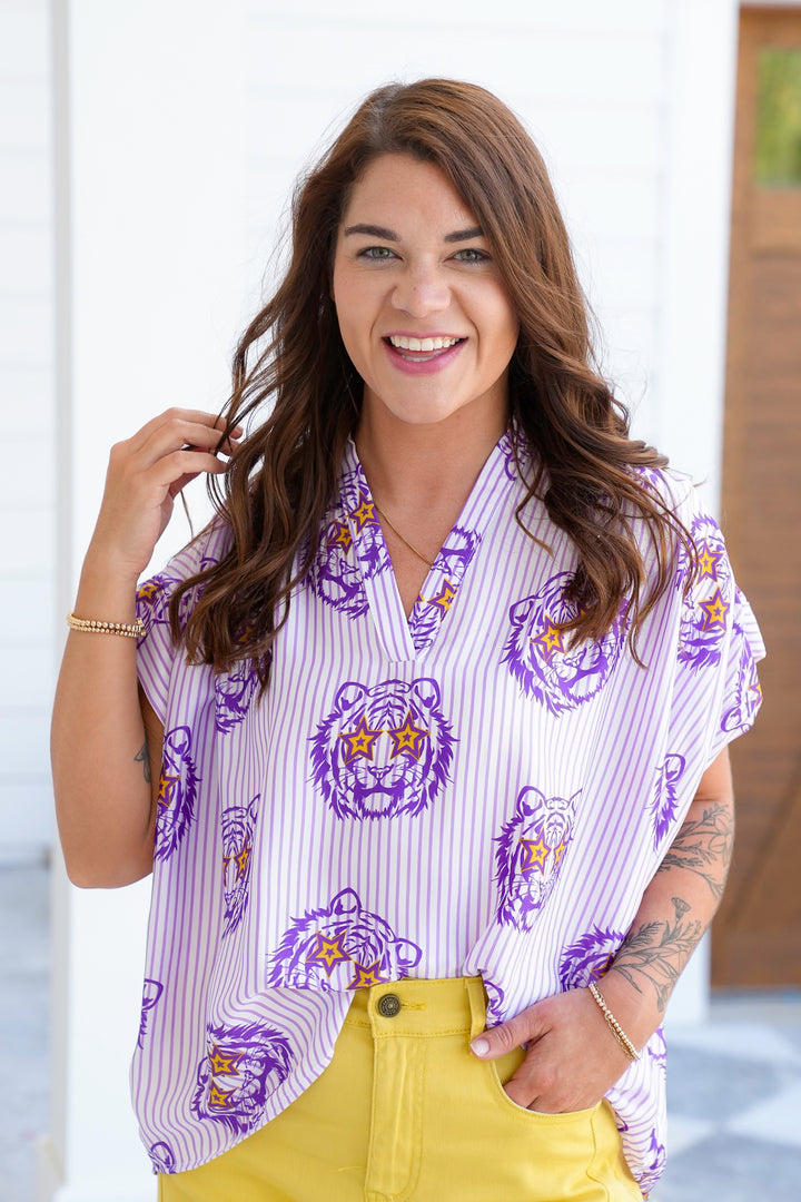 Plus/Reg Stripe Tiger Print Short Sleeve V Neck Blouse
