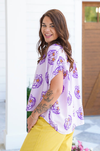 Plus/Reg Stripe Tiger Print Short Sleeve V Neck Blouse