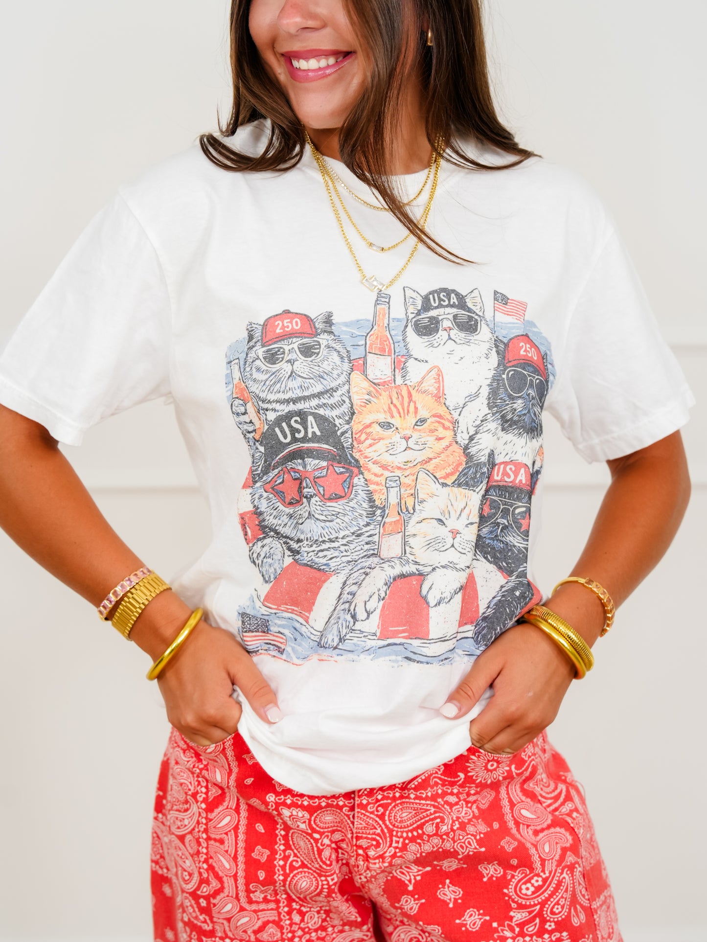 Plus/Reg Short Sleeve American Cats Graphic Tee