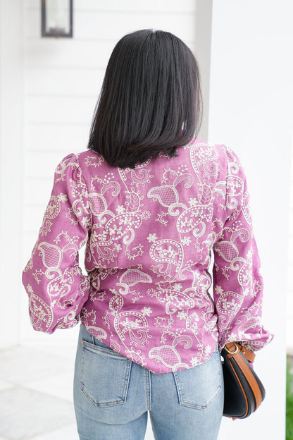 Embroidered Paisley Long Sleeve Button Down Top
