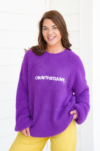 Fuzzy Long Sleeve "Own The Game" Pullover Sweater