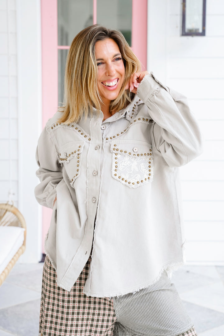 POL Long Sleeve Shacket With Lace And Stud Detail